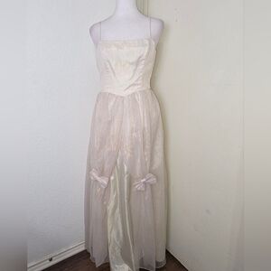 Vintage Iridescent Organza Overlay Gown w/ Bows | Size 7/8 | Formal Prom Bridal